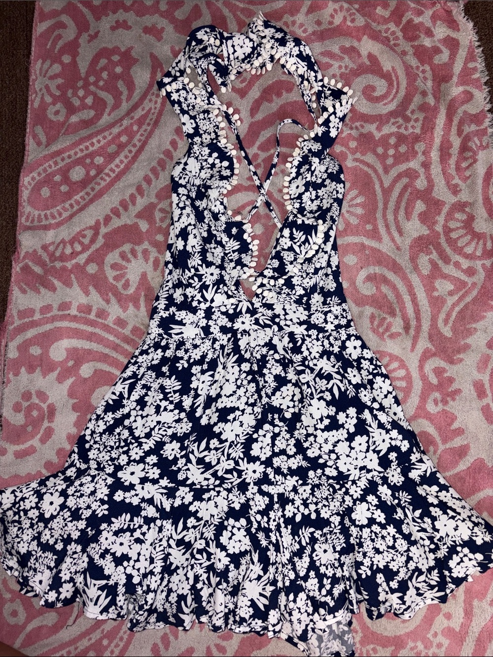 Navy Blue & White Floral Halter Dress